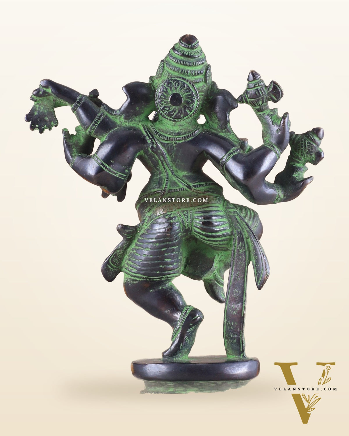 Unique Brass Dancing Ganesha - Nritya Ganapati Statue, Vintage Black and Green Tone Sculpture