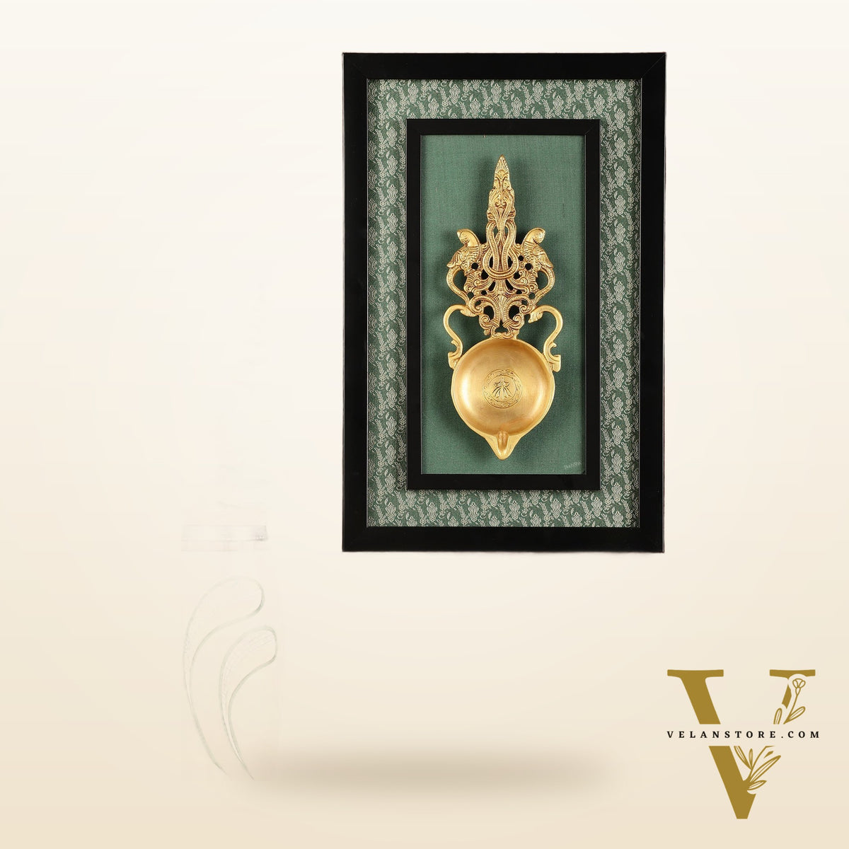 Unique Brass Diya on Wooden Frame with Premium Fabric | 18.5 Inch Wall Hanging