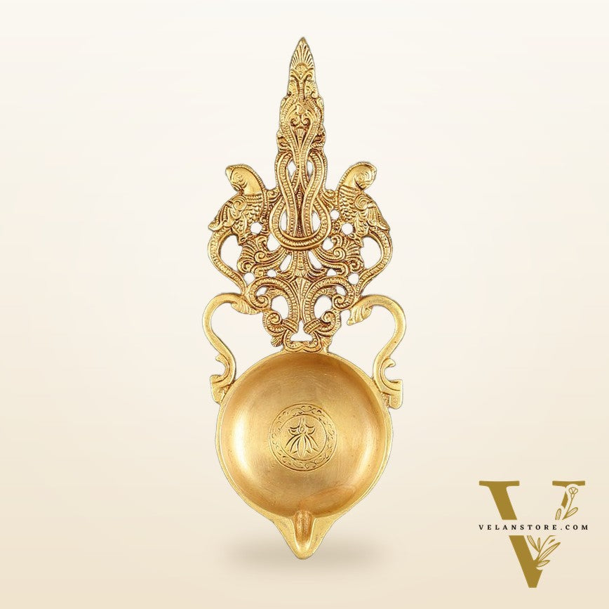 Unique Brass Diya on Wooden Frame with Premium Fabric | 18.5 Inch Wall Hanging