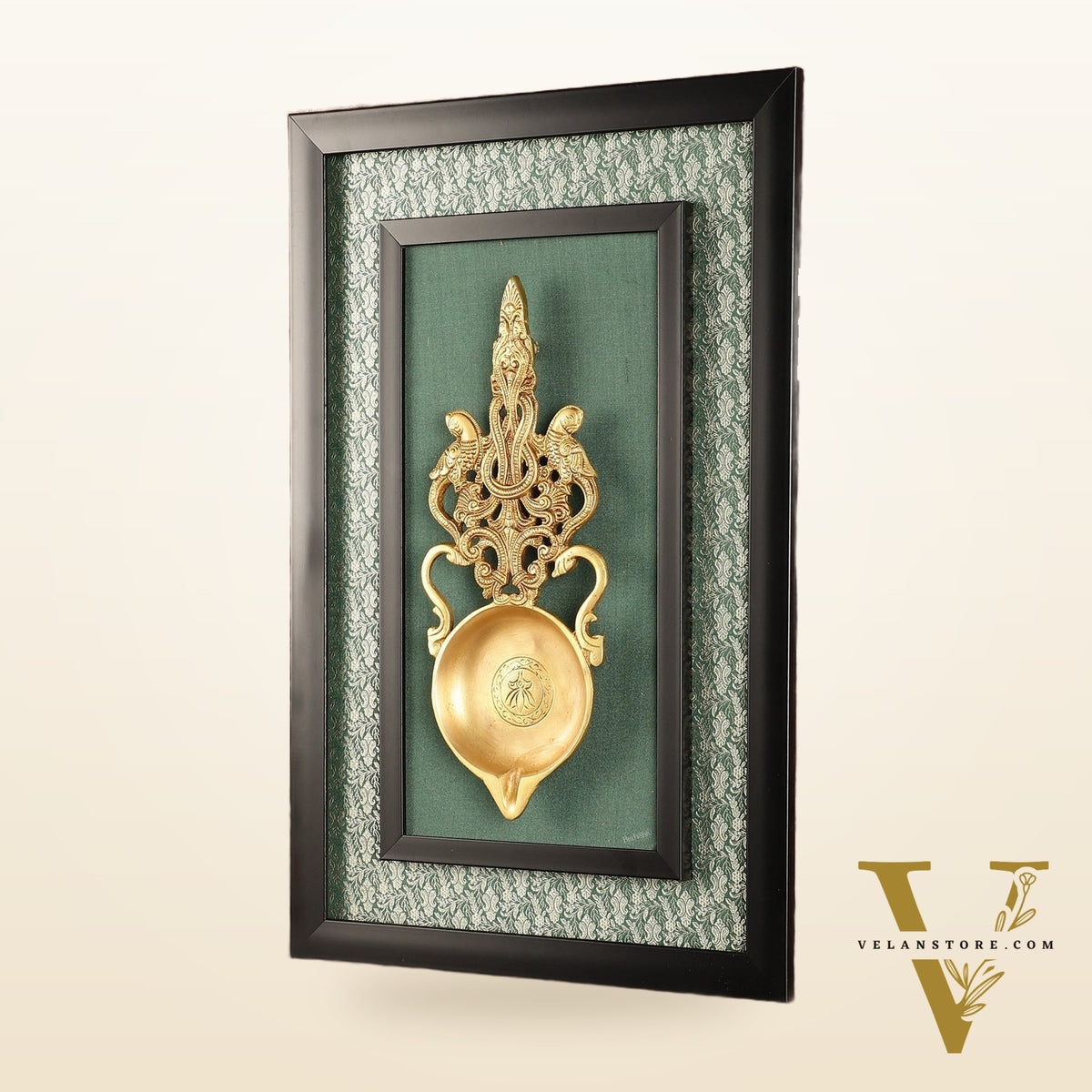 Unique Brass Diya on Wooden Frame with Premium Fabric | 18.5 Inch Wall Hanging