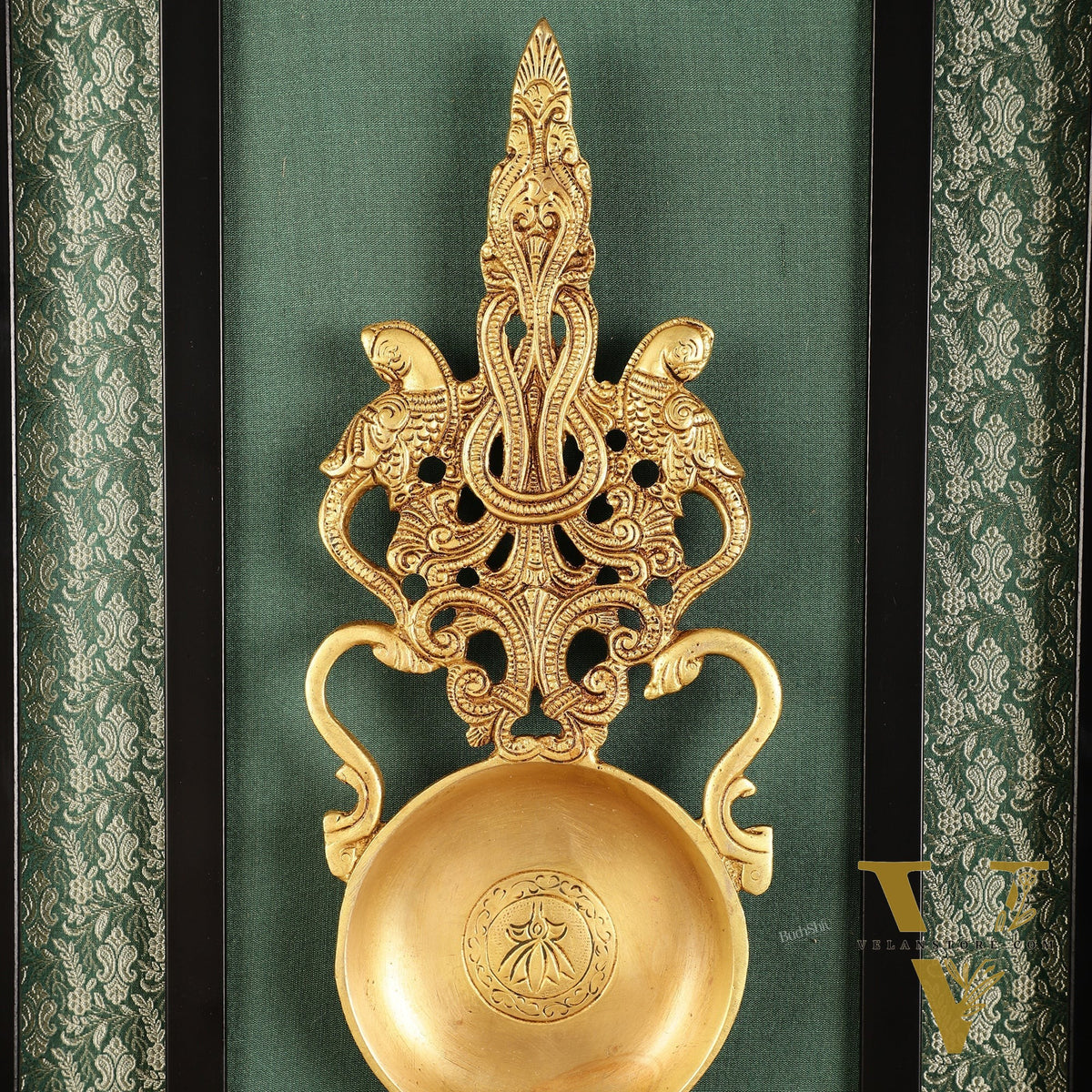 Unique Brass Diya on Wooden Frame with Premium Fabric | 18.5 Inch Wall Hanging