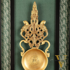 Unique Brass Diya on Wooden Frame with Premium Fabric | 18.5 Inch Wall Hanging