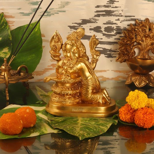 Unique Brass Ganapati Statue - Ganesha Hugging Shiva Lingam - 6.5 inches