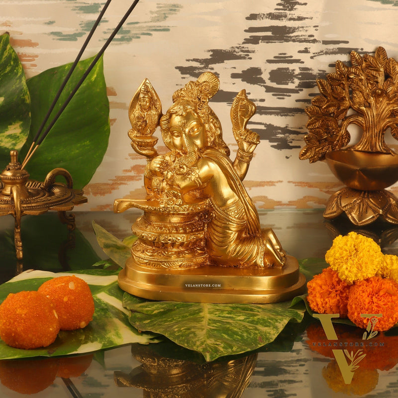 Unique Brass Ganapati Statue - Ganesha Hugging Shiva Lingam - 6.5 inches