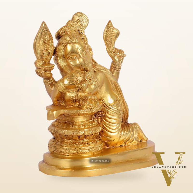 Unique Brass Ganapati Statue - Ganesha Hugging Shiva Lingam - 6.5 inches