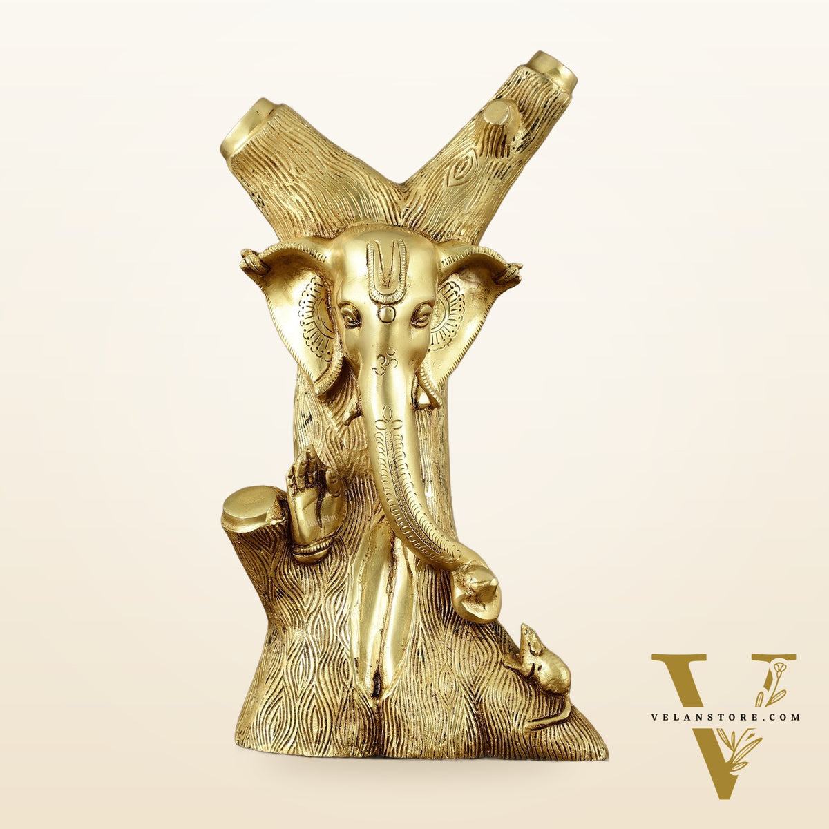 Unique Brass Ganesha Statue Carved in Tree – 12" Height