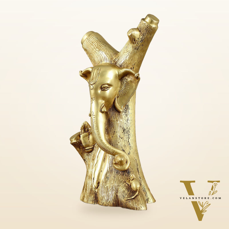 Unique Brass Ganesha Statue Carved in Tree – 12" Height