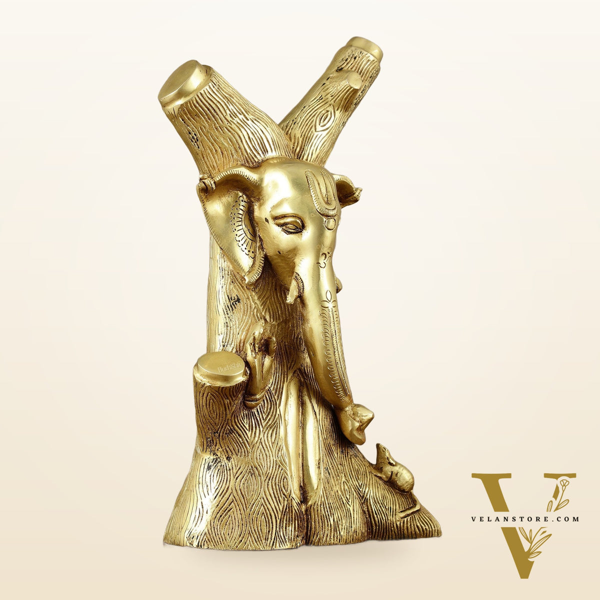 Unique Brass Ganesha Statue Carved in Tree – 12" Height