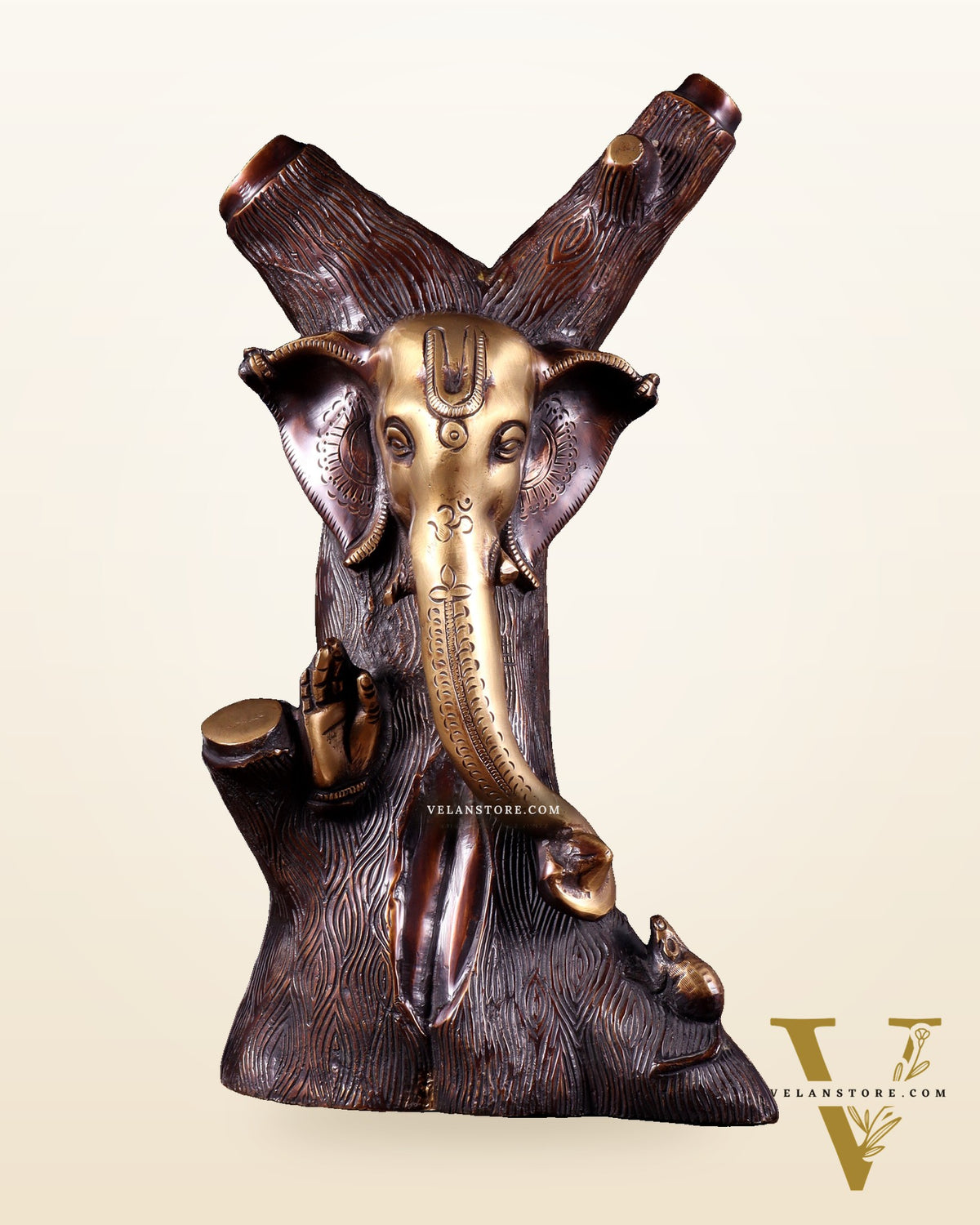 Unique Brass Ganesha Statue Carved in Tree – 12" Height