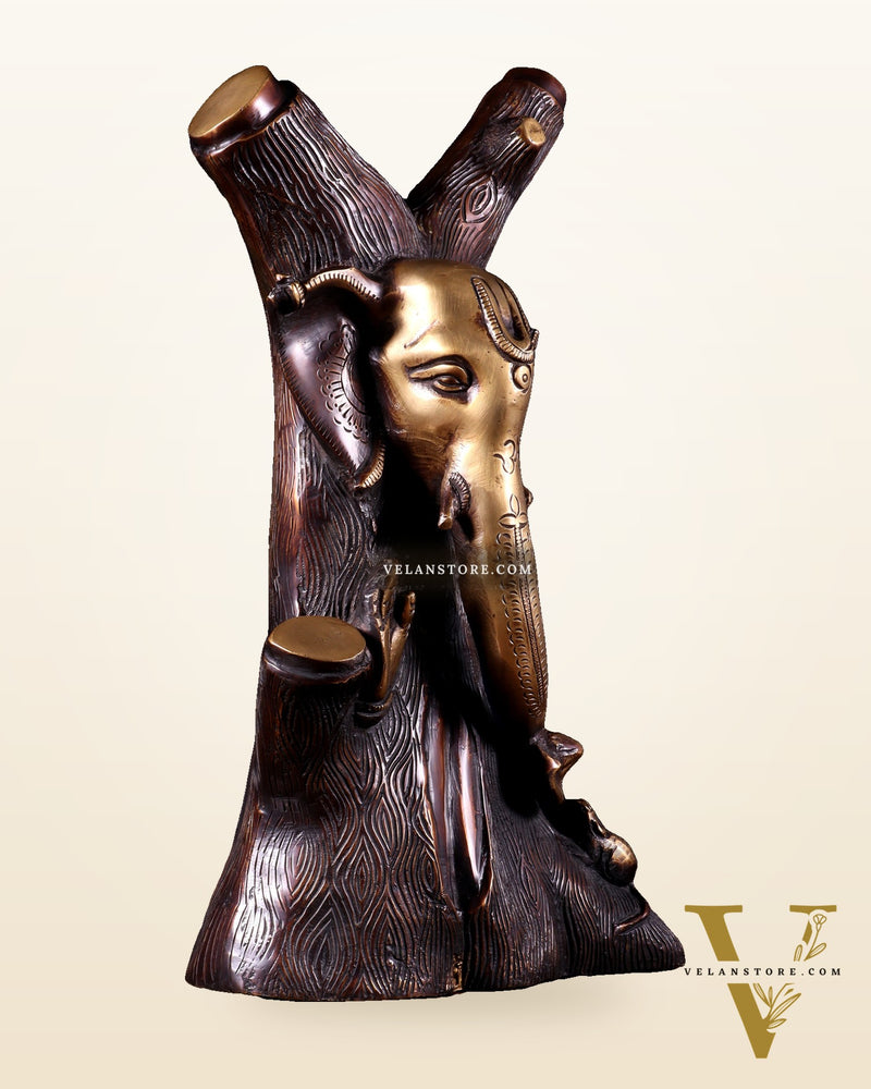 Unique Brass Ganesha Statue Carved in Tree – 12" Height