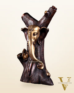 Unique Brass Ganesha Statue Carved in Tree – 12" Height
