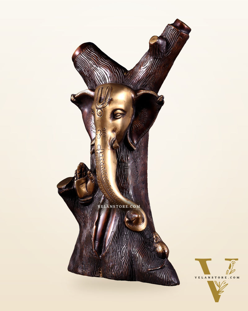 Unique Brass Ganesha Statue Carved in Tree – 12" Height