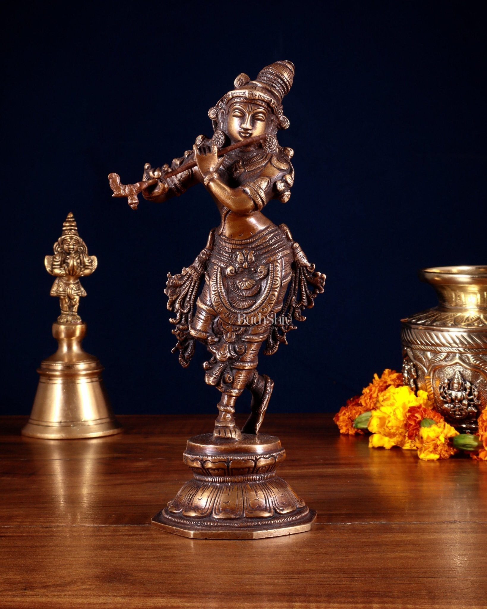 Unique Brass Krishna Statue – 9.5” Antique Burnt Brass Finish