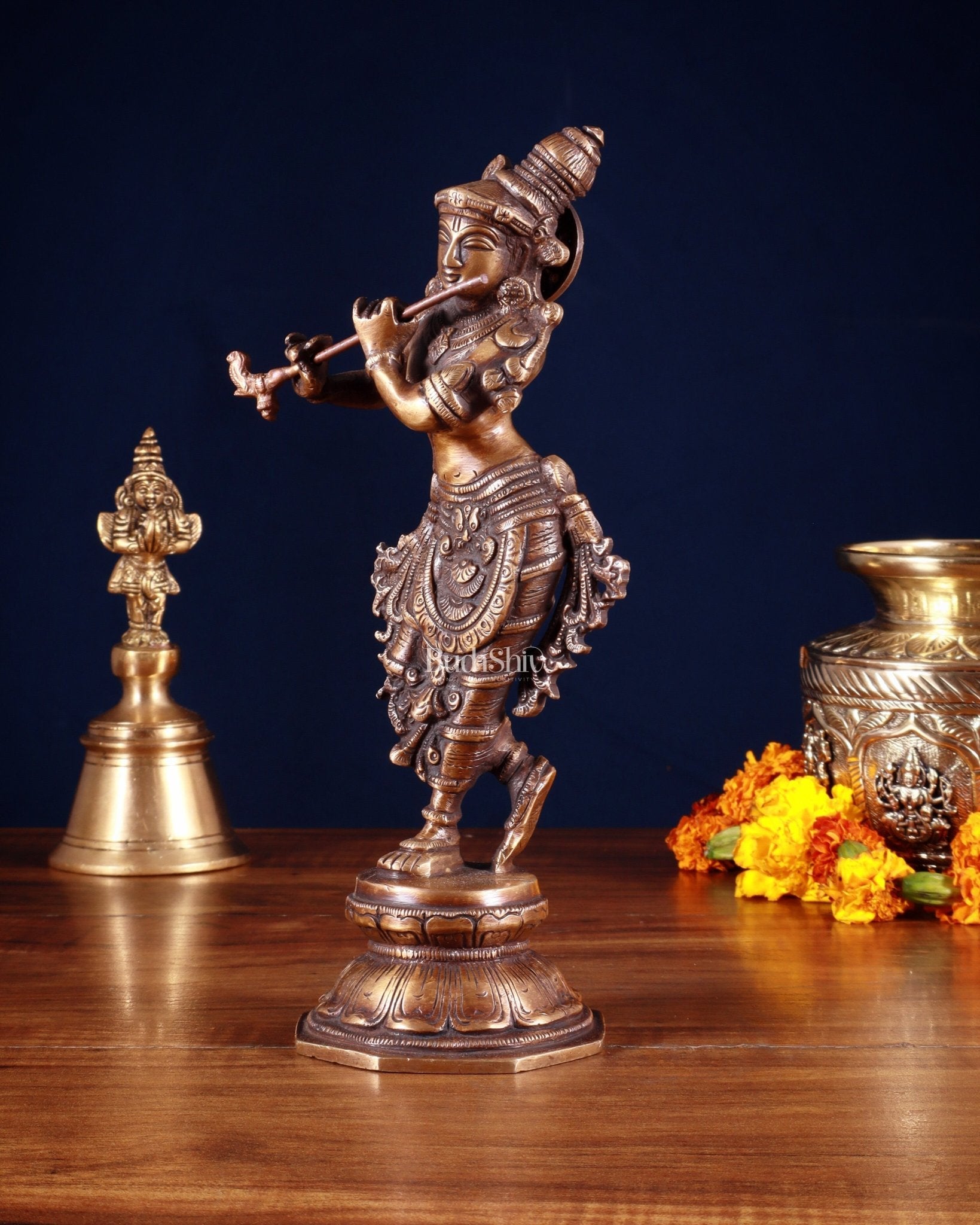Unique Brass Krishna Statue – 9.5” Antique Burnt Brass Finish