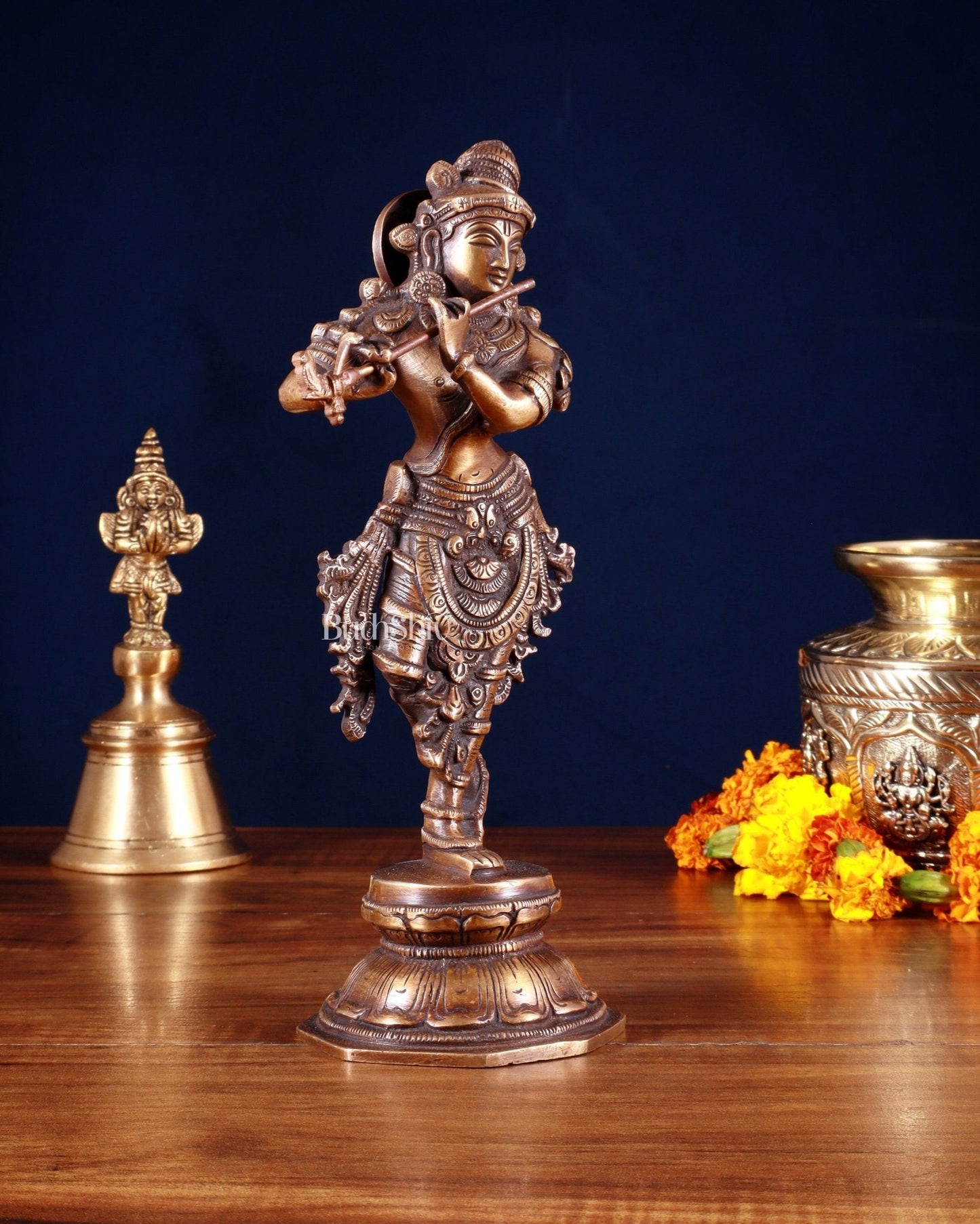 Unique Brass Krishna Statue – 9.5” Antique Burnt Brass Finish