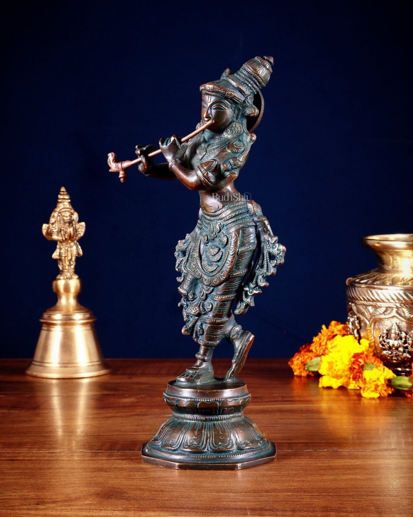 Unique Brass Krishna Statue – 9.5” Vintage bronze tone