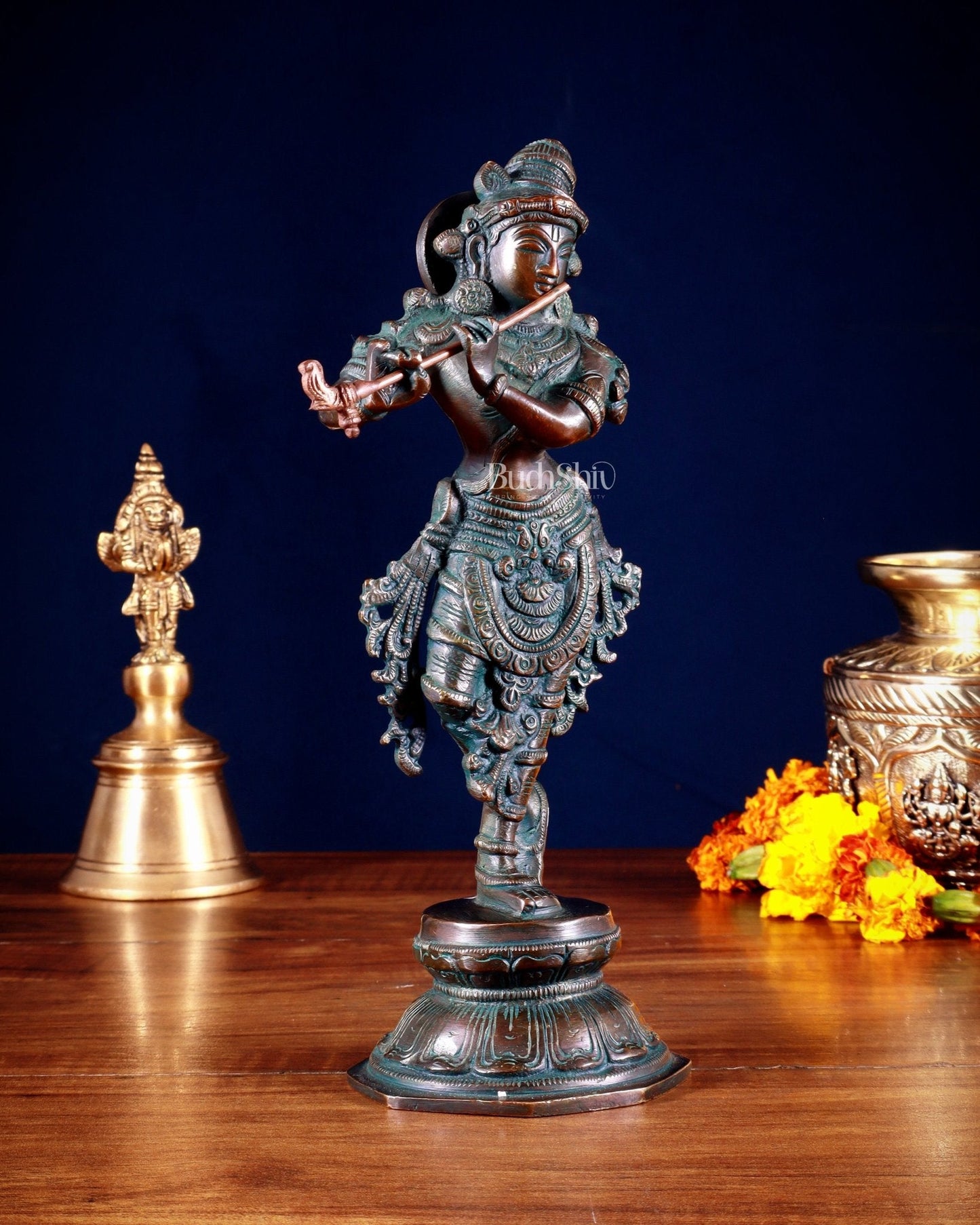 Unique Brass Krishna Statue – 9.5” Vintage bronze tone