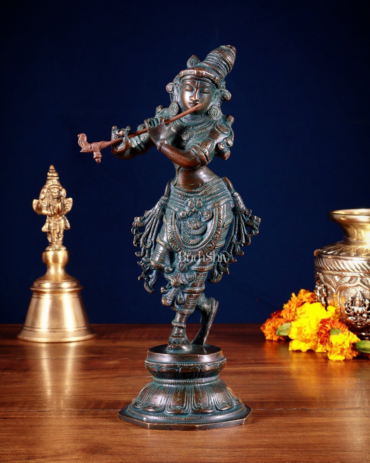 Unique Brass Krishna Statue – 9.5” Vintage bronze tone