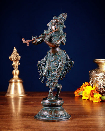 Unique Brass Krishna Statue – 9.5” Vintage bronze tone