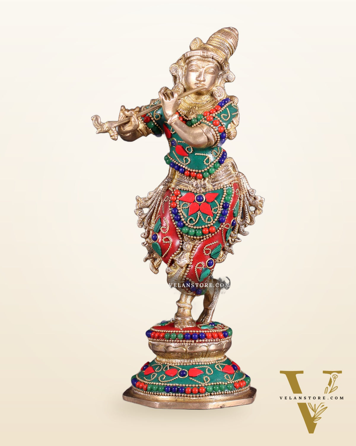 Unique Brass Krishna Statue - floral stonework 9.5 Inches