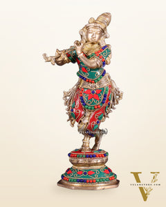 Unique Brass Krishna Statue - floral stonework 9.5 Inches