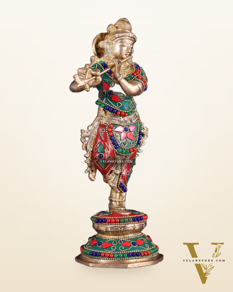 Unique Brass Krishna Statue - floral stonework 9.5 Inches