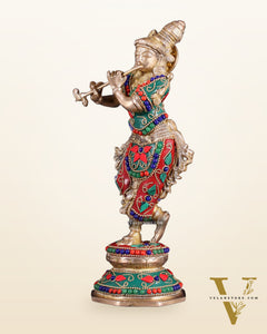Unique Brass Krishna Statue - floral stonework 9.5 Inches