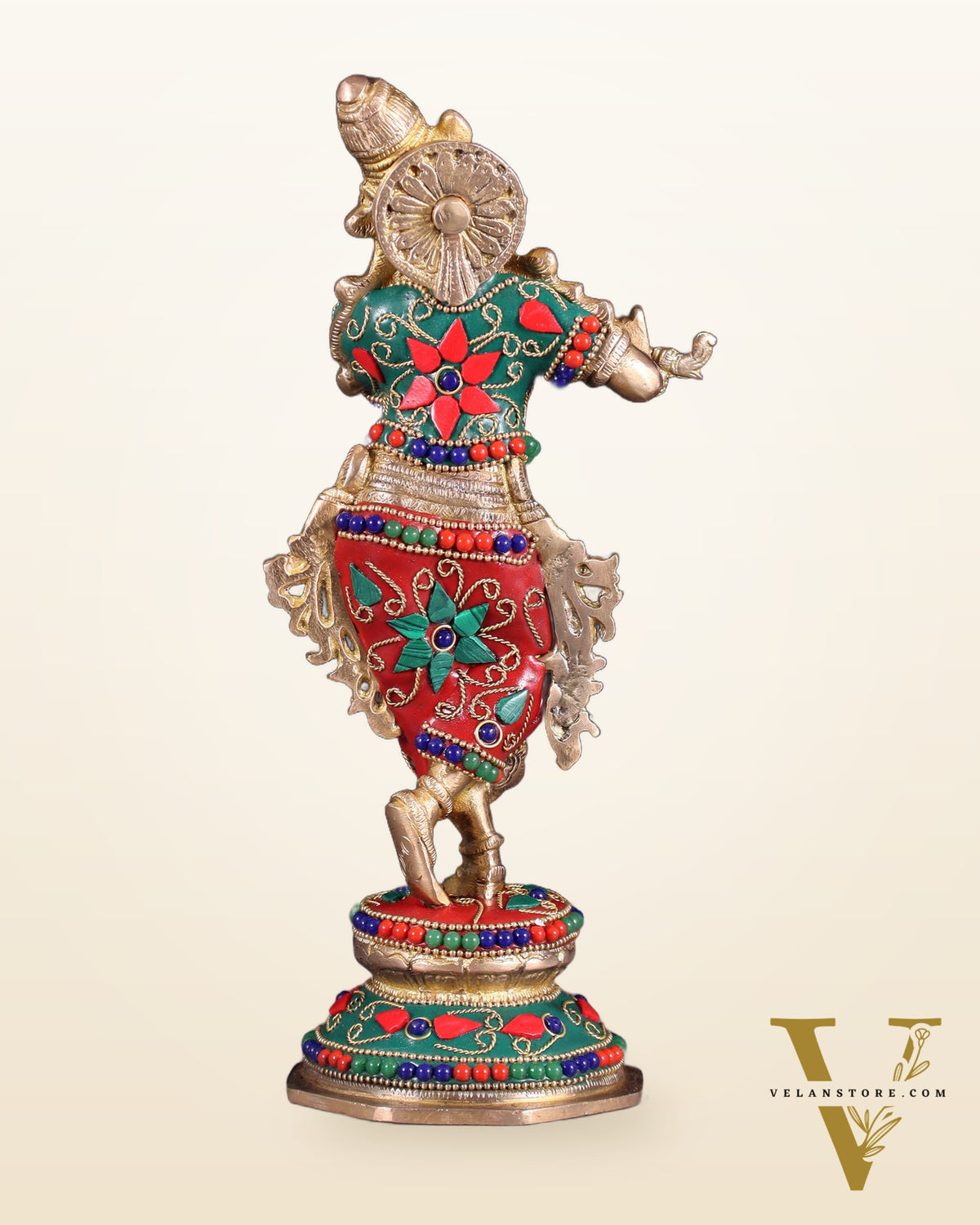 Unique Brass Krishna Statue - floral stonework 9.5 Inches