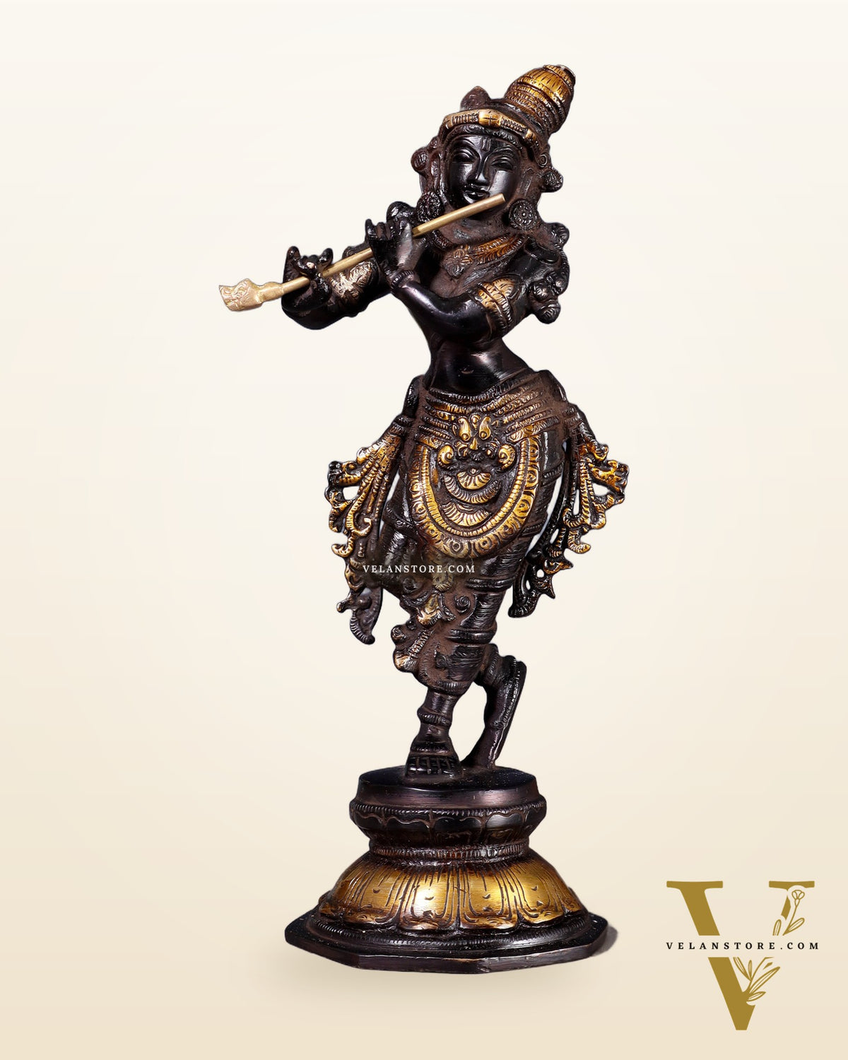 Unique Brass Krishna Statue - Sleek Design 9.5 Inches black and golden tone