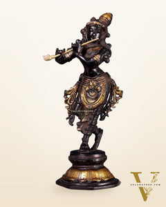 Unique Brass Krishna Statue - Sleek Design 9.5 Inches black and golden tone