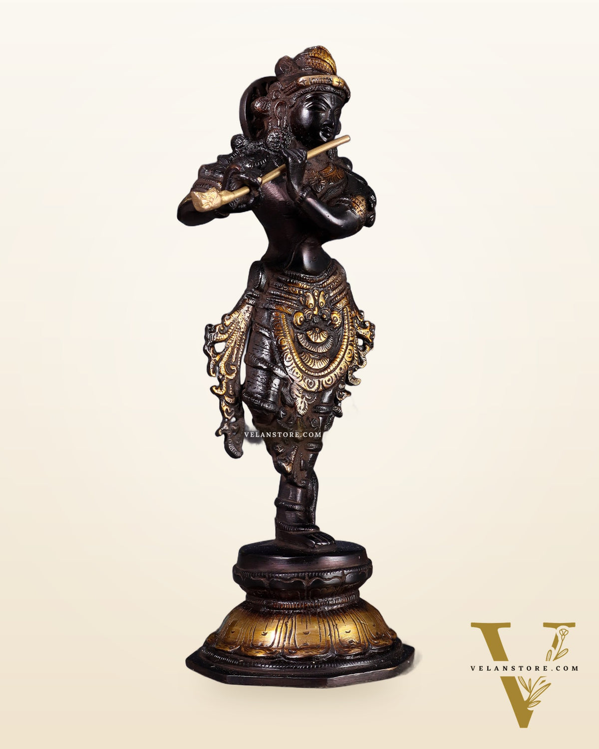 Unique Brass Krishna Statue - Sleek Design 9.5 Inches black and golden tone