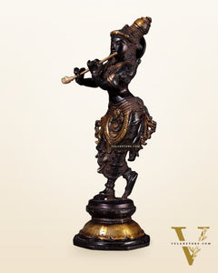 Unique Brass Krishna Statue - Sleek Design 9.5 Inches black and golden tone