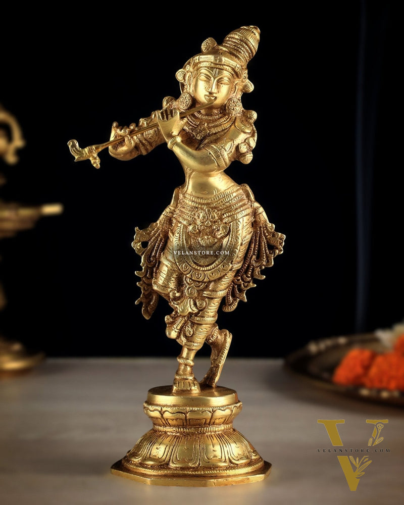 Unique Brass Krishna Statue - Sleek Design 9.5 Inches
