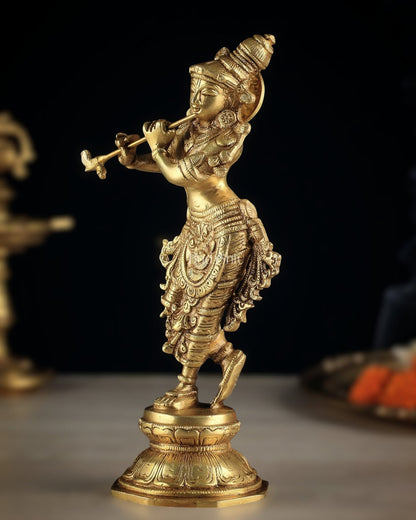 Unique Brass Krishna Statue - Sleek Design 9.5 Inches