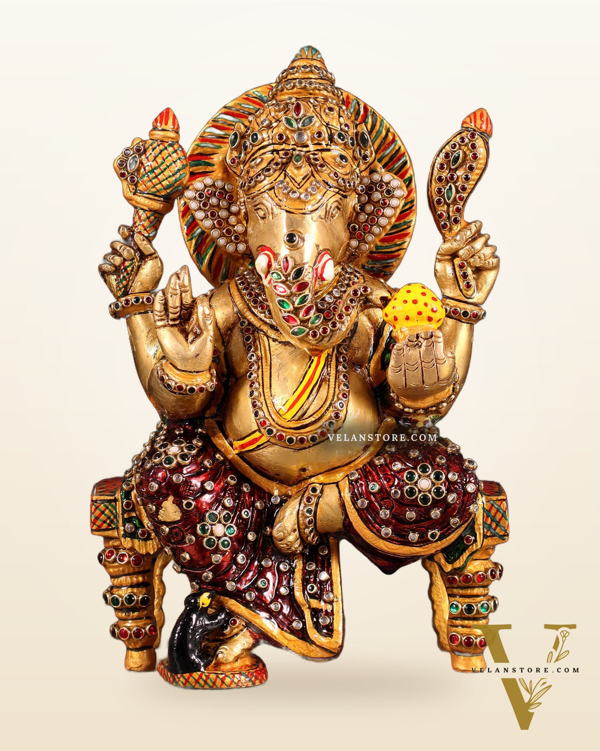 Unique Brass Lord Ganesha Decorated with Laakh Meenakari 8.5"