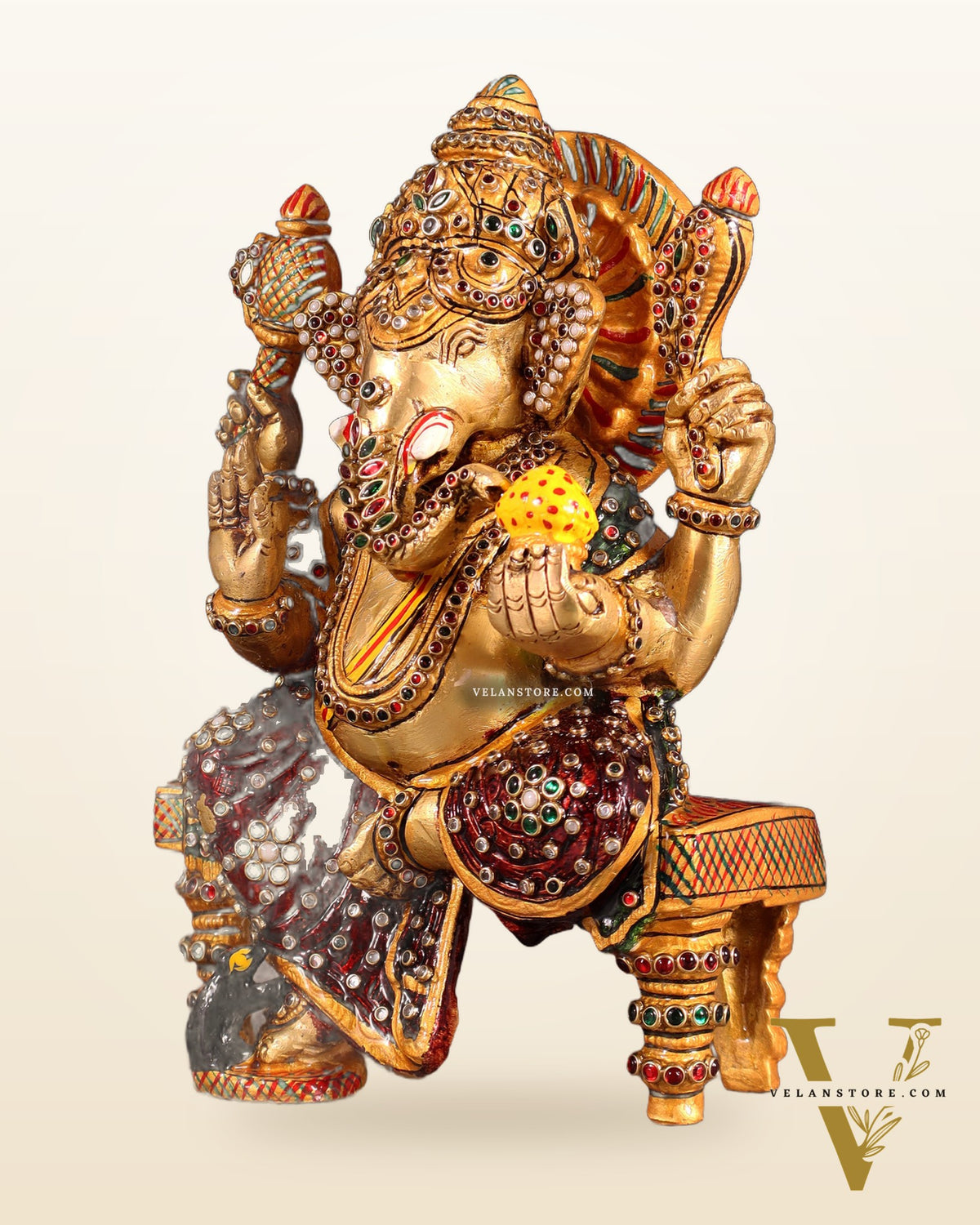 Unique Brass Lord Ganesha Decorated with Laakh Meenakari 8.5"