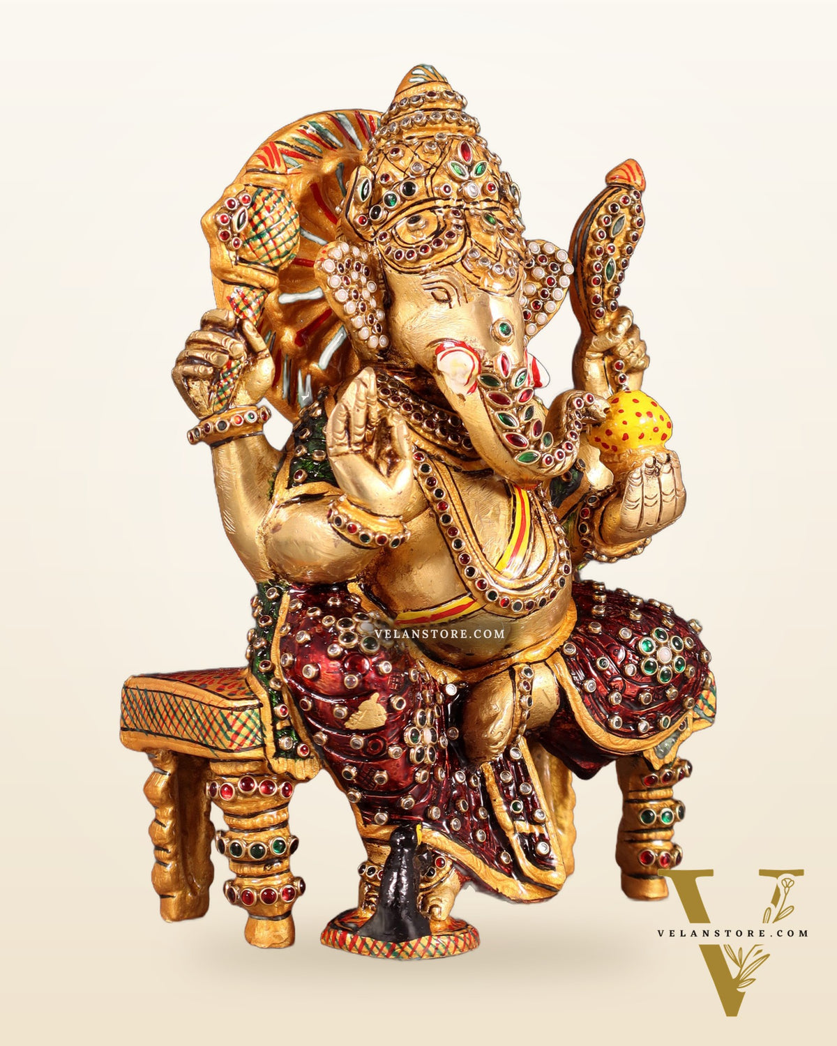 Unique Brass Lord Ganesha Decorated with Laakh Meenakari 8.5"