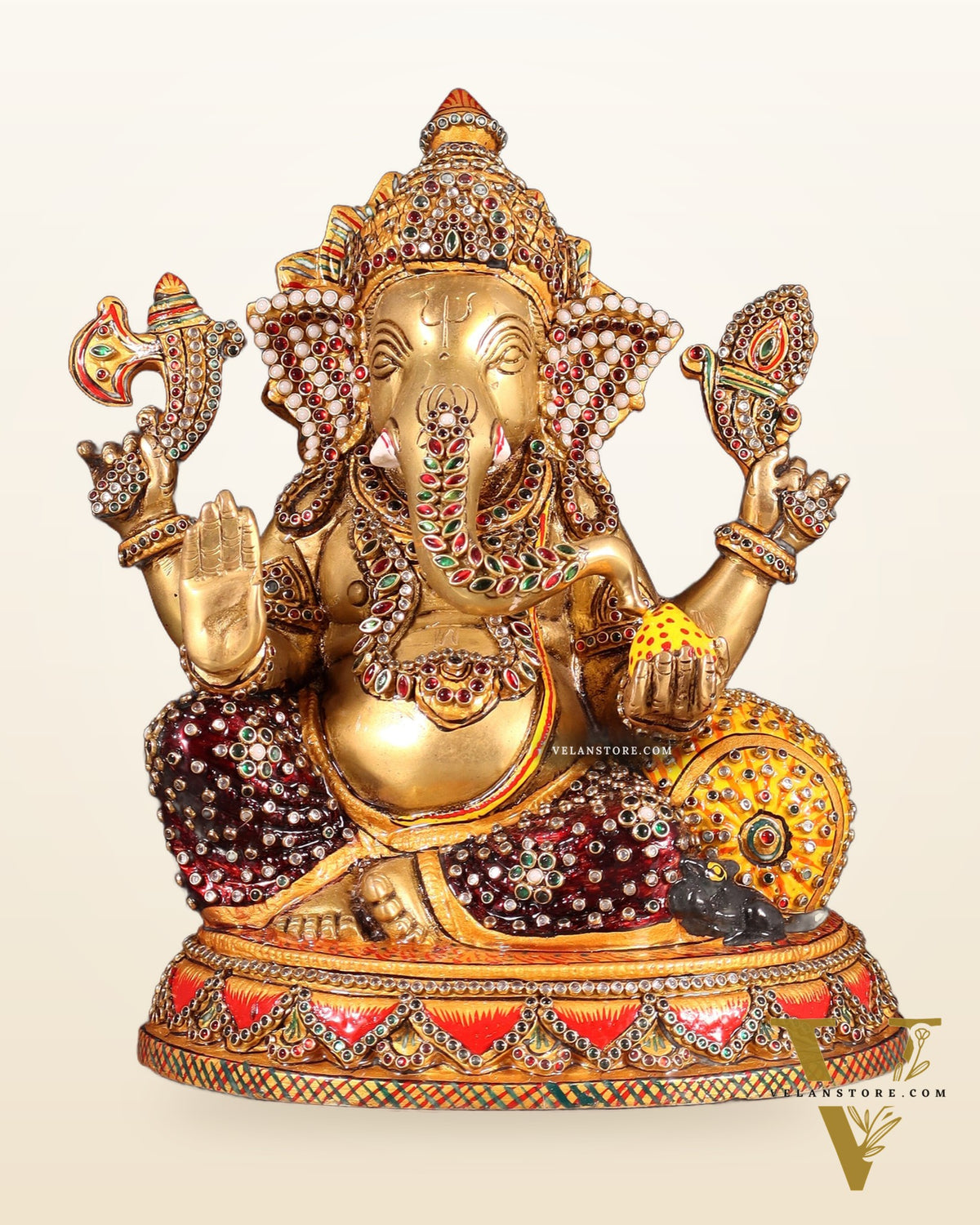 Unique Brass Lord Ganesha Decorated with Laakh Meenakari 9.5"
