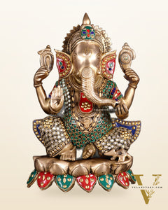 Unique Brass Lord Ganesha multicolour Statue - 11.5 Inch