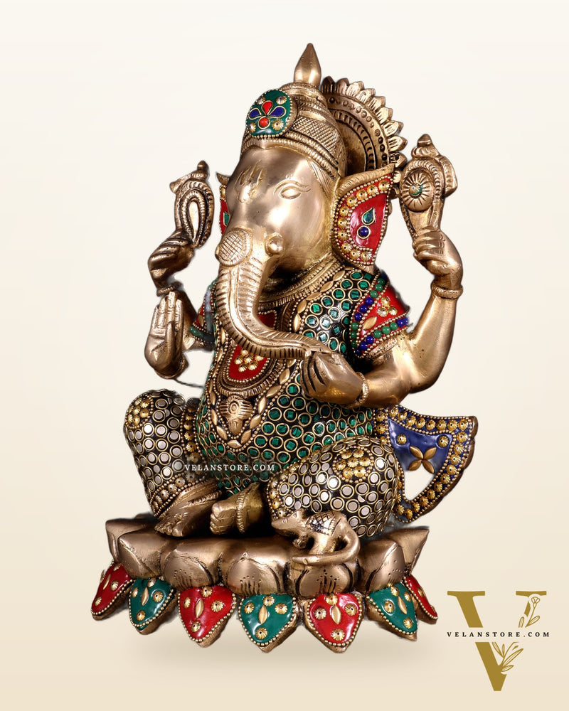 Unique Brass Lord Ganesha multicolour Statue - 11.5 Inch