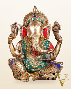 Unique Brass Lord Ganesha multicolour Statue - 9.5 Inch