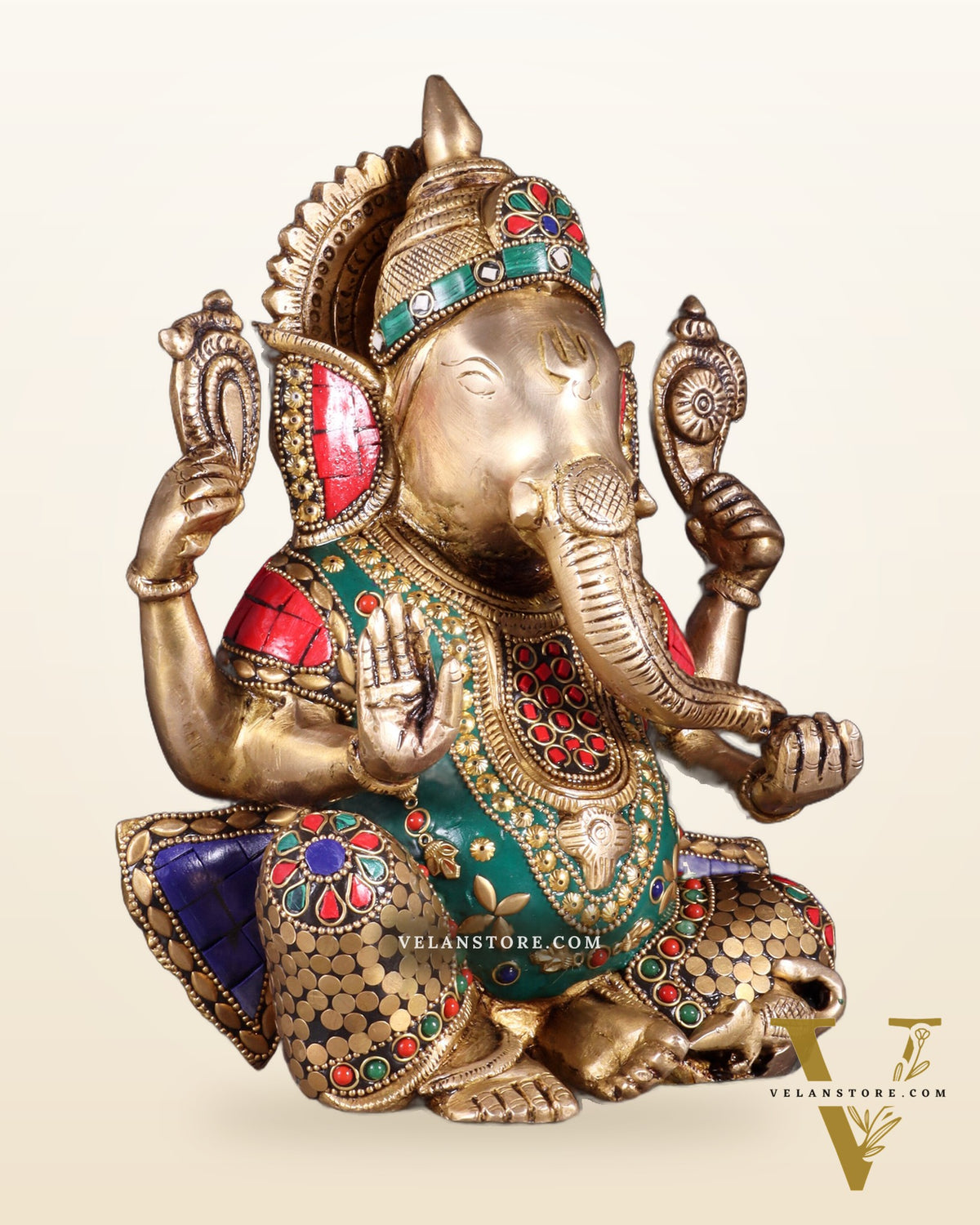 Unique Brass Lord Ganesha multicolour Statue - 9.5 Inch