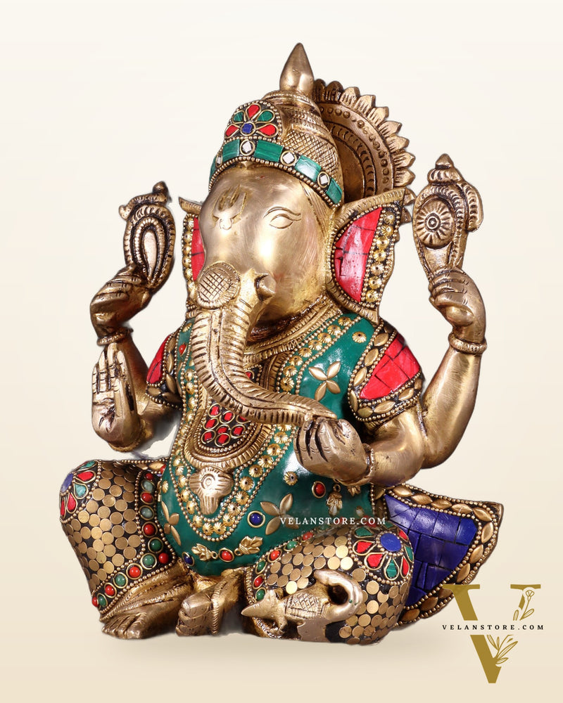 Unique Brass Lord Ganesha multicolour Statue - 9.5 Inch