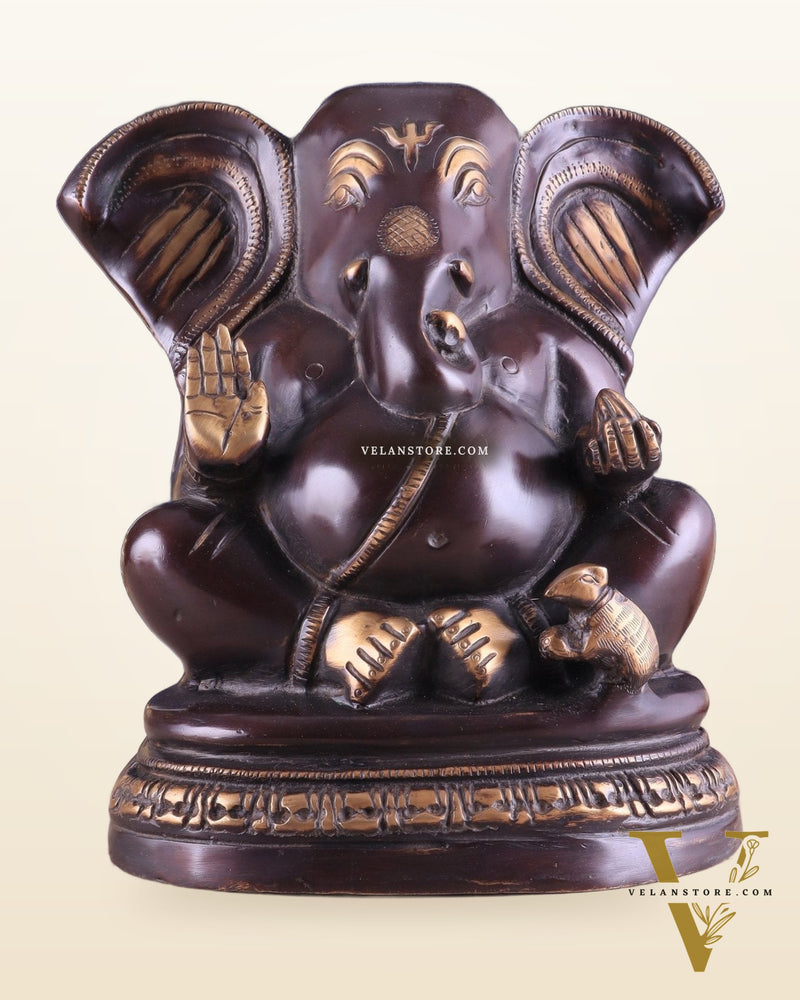 Unique Brass Lord Ganesha Statue on Round Base | Vintage Finish 8"