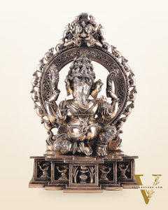 Unique Brass Lord Ganesha Statue with Kirtimukha Prabhavali Arch | 19.5 Inches