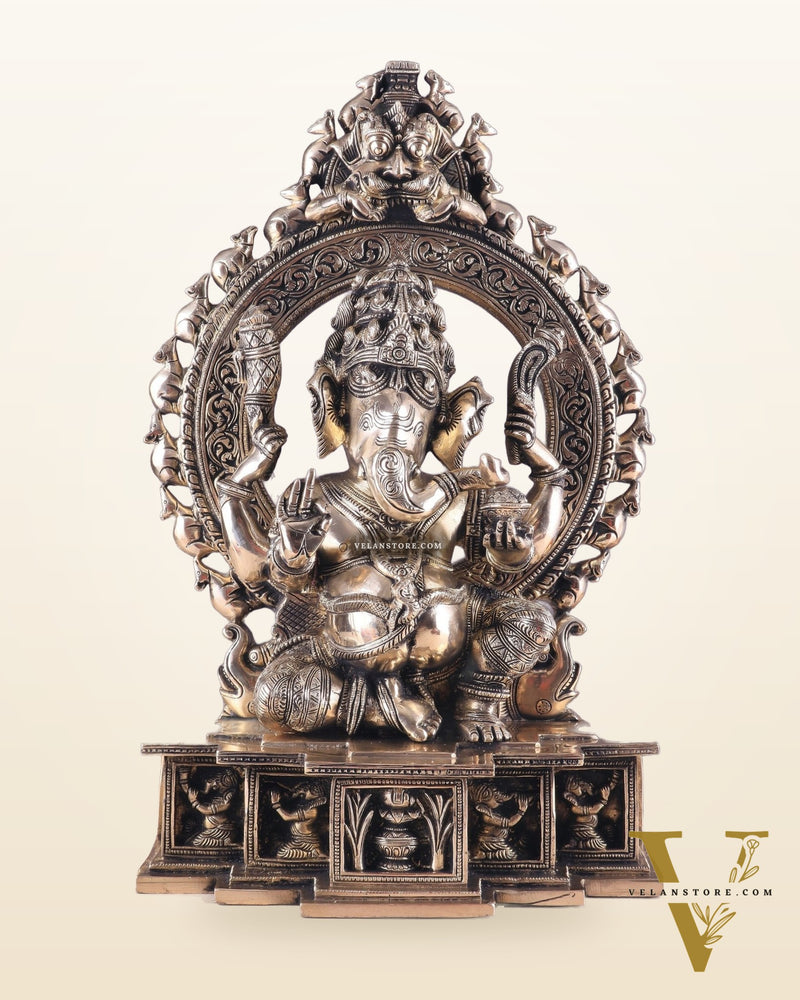Unique Brass Lord Ganesha Statue with Kirtimukha Prabhavali Arch | 19.5 Inches