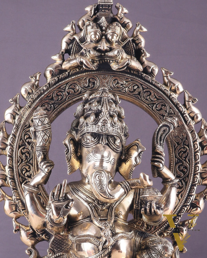 Unique Brass Lord Ganesha Statue with Kirtimukha Prabhavali Arch | 19.5 Inches