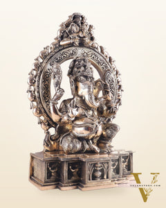 Unique Brass Lord Ganesha Statue with Kirtimukha Prabhavali Arch | 19.5 Inches
