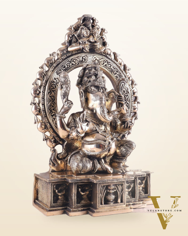 Unique Brass Lord Ganesha Statue with Kirtimukha Prabhavali Arch | 19.5 Inches