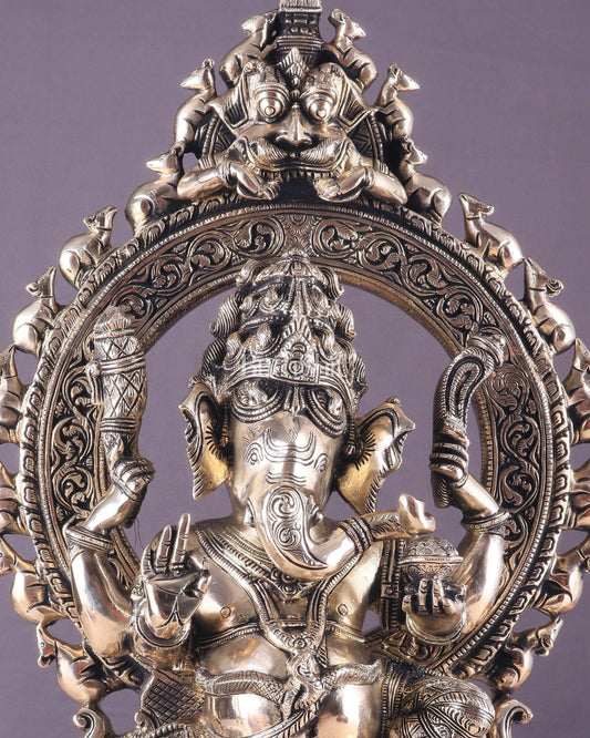 Unique Brass Lord Ganesha Statue with Kirtimukha Prabhavali Arch | 19.5 Inches